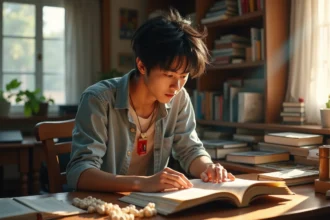 Jeune homme lisant manga dans un studio cosy avec memorabilia