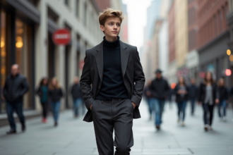 Jeune garçon stylé marche dans la ville moderne