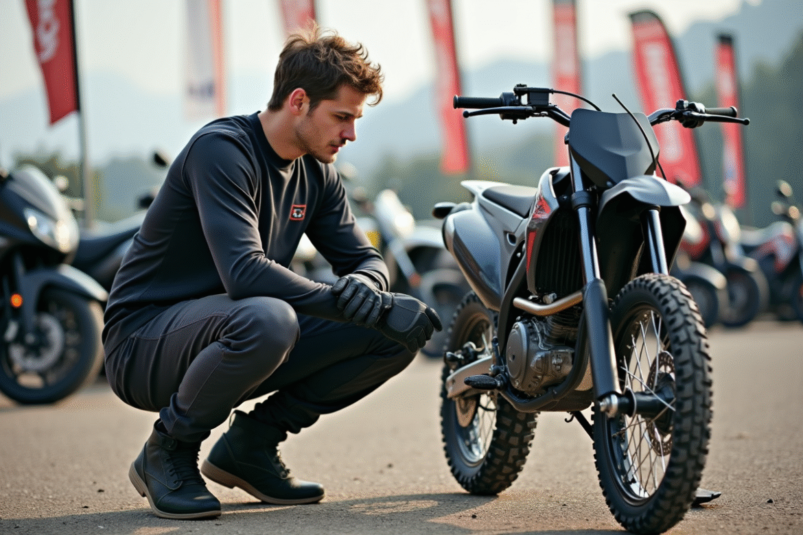 Jeune homme motocross inspectant une moto 125cc en extérieur