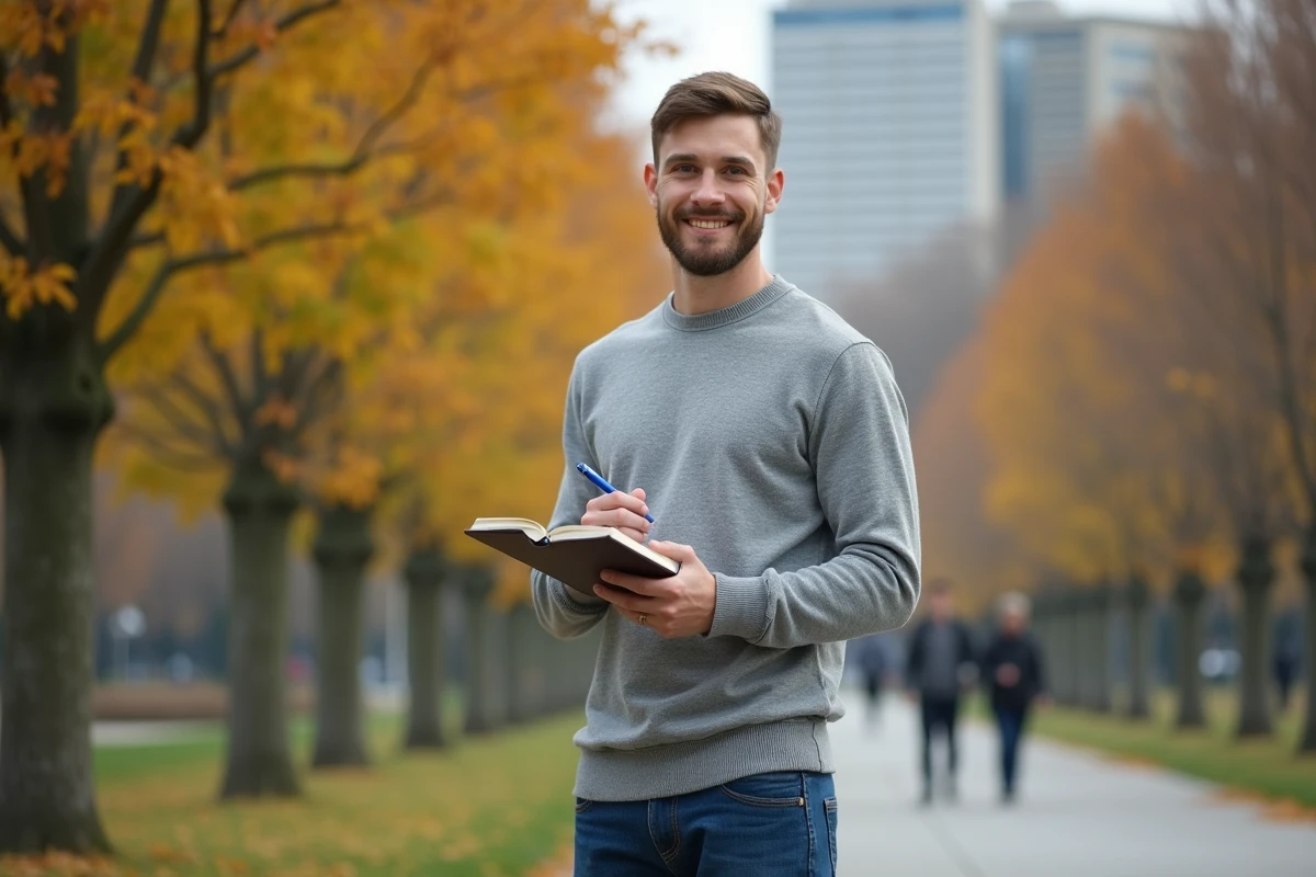 Jeune homme vérifiant sa liste dans un parc urbain