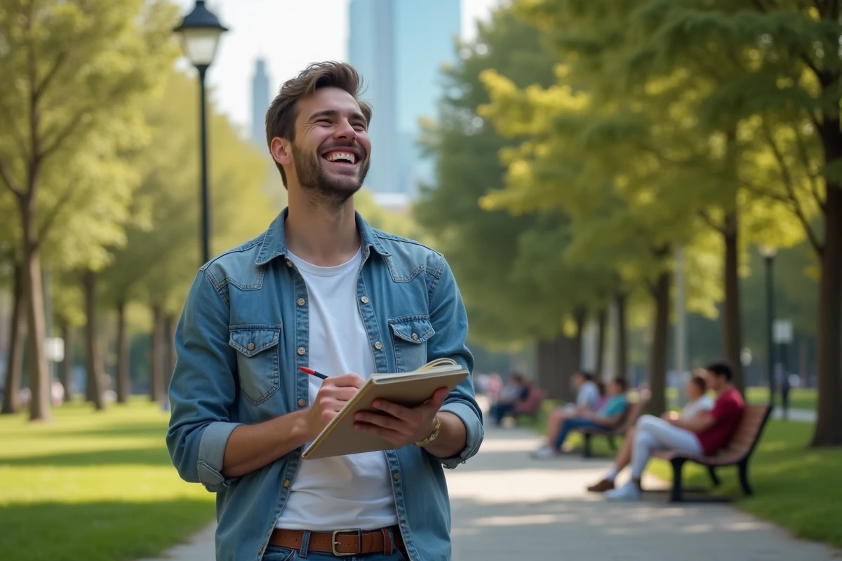 Jeune homme riant dans un parc urbain avec carnet et stylo