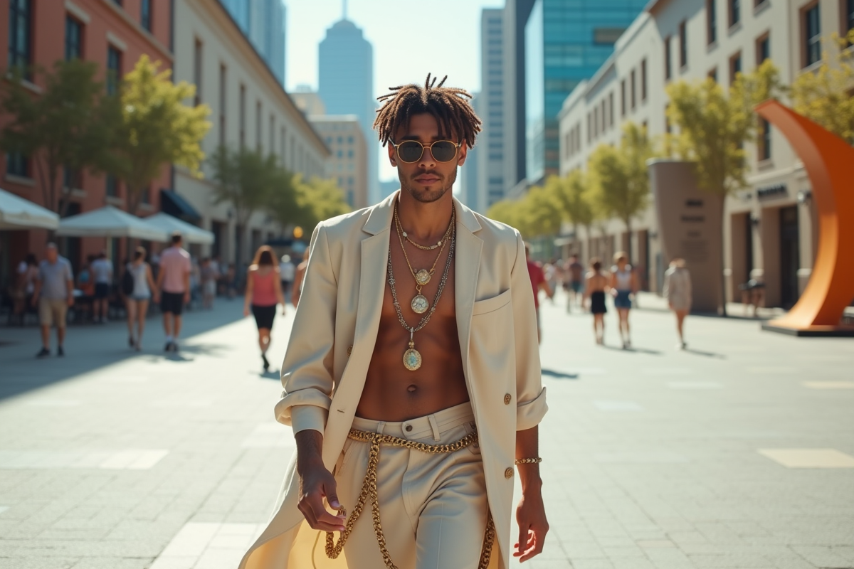 Jeune homme en style urbain marchant dans une place publique