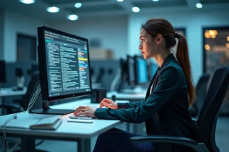 Jeune scientifique femme interagissant avec un ordinateur quantique