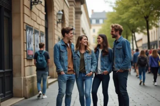 Groupe de jeunes amis souriants devant un lieu de concert à Lyon