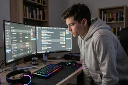 Joueur en attente devant un écran affichant une file d'attente de serveur lors du lancement d'un jeu vidéo