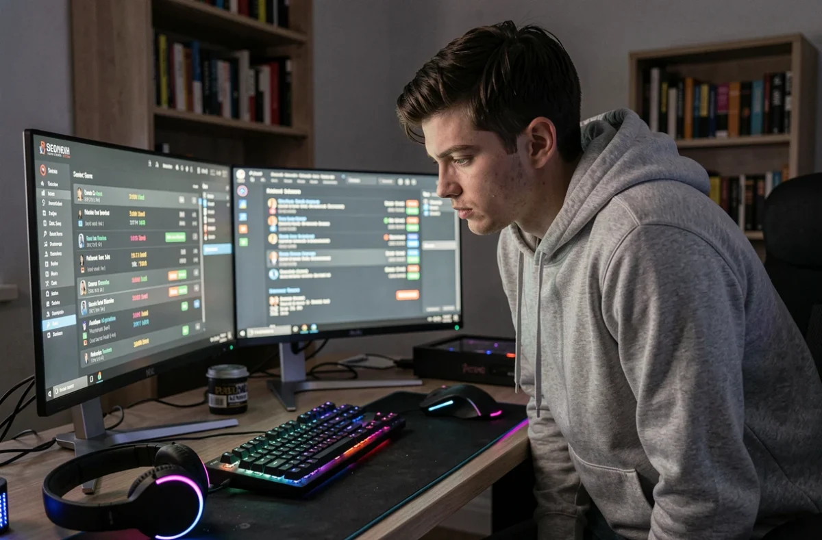Joueur en attente devant un écran affichant une file d'attente de serveur lors du lancement d'un jeu vidéo