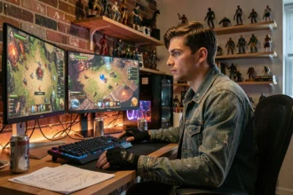 Joueur MMORPG concentré devant ses écrans affichant une carte de mine et une barre d'expérience dans Dofus 3