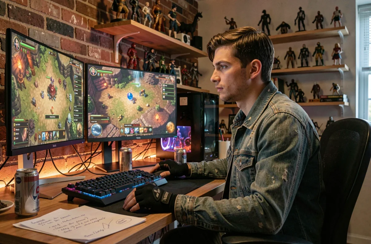 Joueur MMORPG concentré devant ses écrans affichant une carte de mine et une barre d'expérience dans Dofus 3