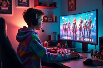 Adolescent joueur naviguant sur un écran de sélection de skins Fortnite avec des personnages colorés classés par rareté