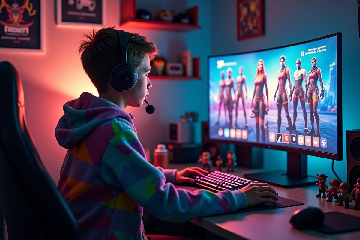 Adolescent joueur naviguant sur un écran de sélection de skins Fortnite avec des personnages colorés classés par rareté