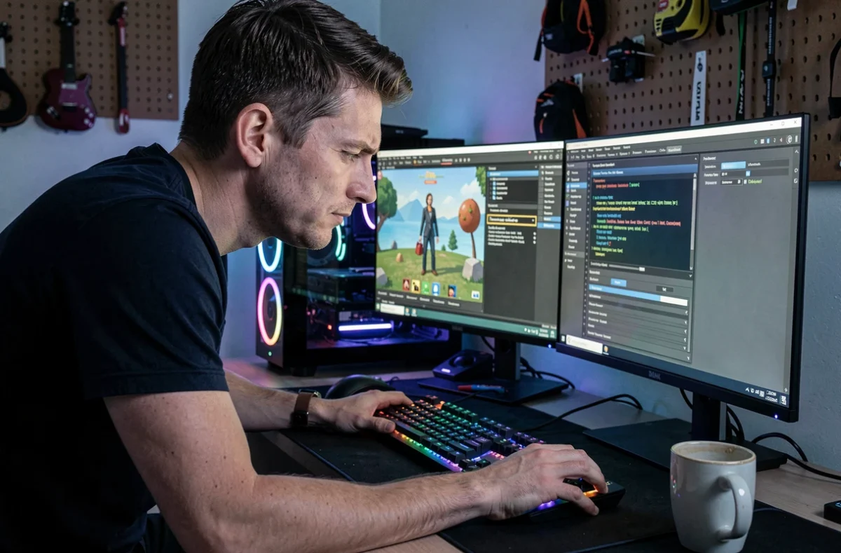 Joueur adulte concentré sur un setup PC double écran avec la console de triche des Sims 4 ouverte dans une salle de jeux