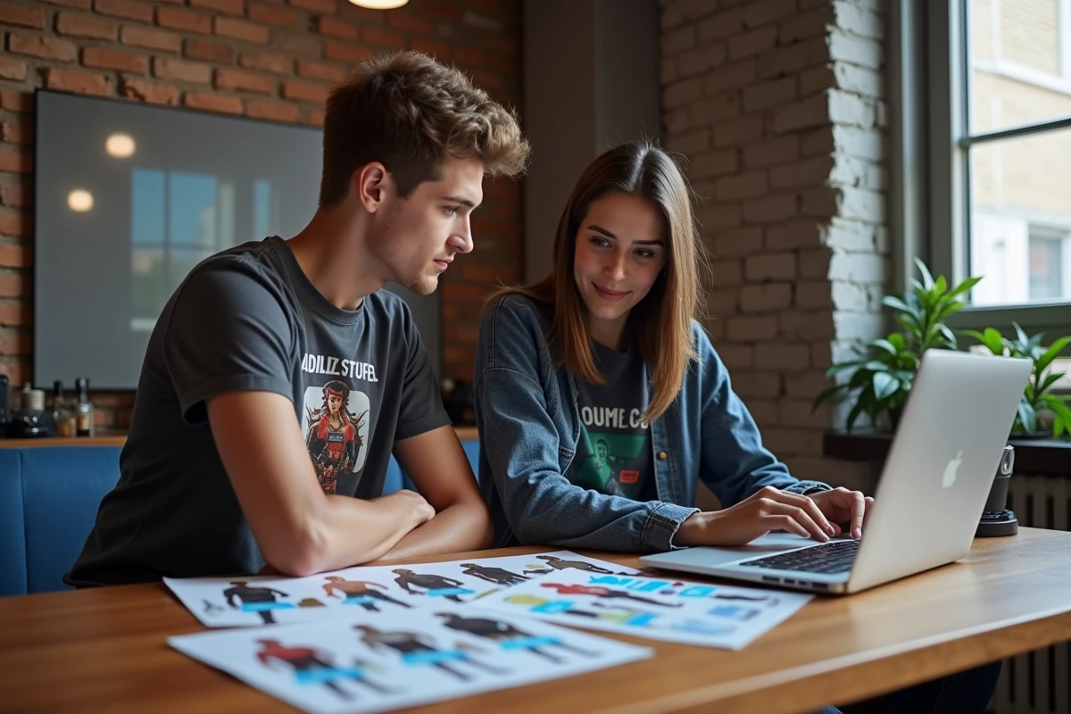 Deux joueurs étudiant des fiches imprimées sur les skins Fortnite classés par rareté autour d'une table avec un ordinateur portable