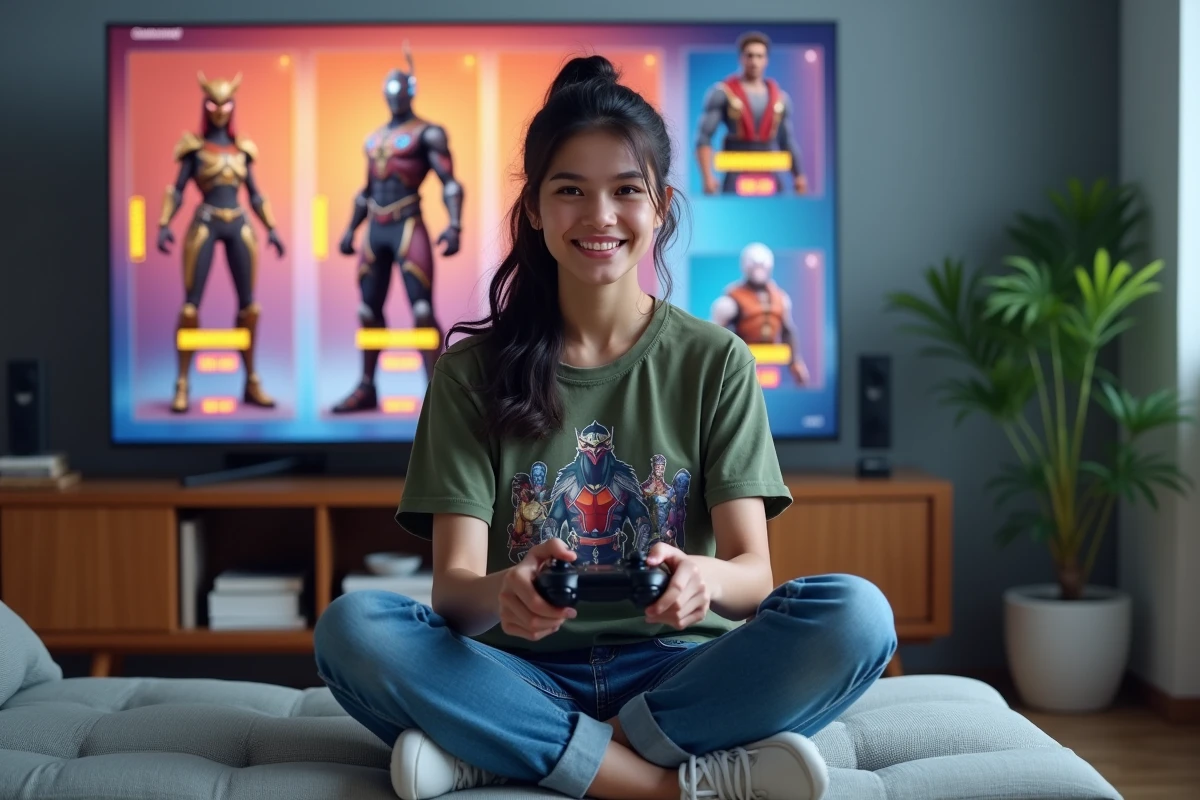 Joueuse adulte consultant la boutique Fortnite sur grand écran avec des skins et leurs prix en V-Bucks affichés