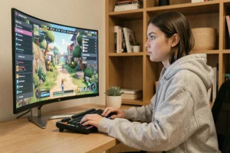 Jeune femme jouant aux Sims 4 sur un grand écran incurvé avec des menus UI visibles, assise dans un bureau moderne à domicile