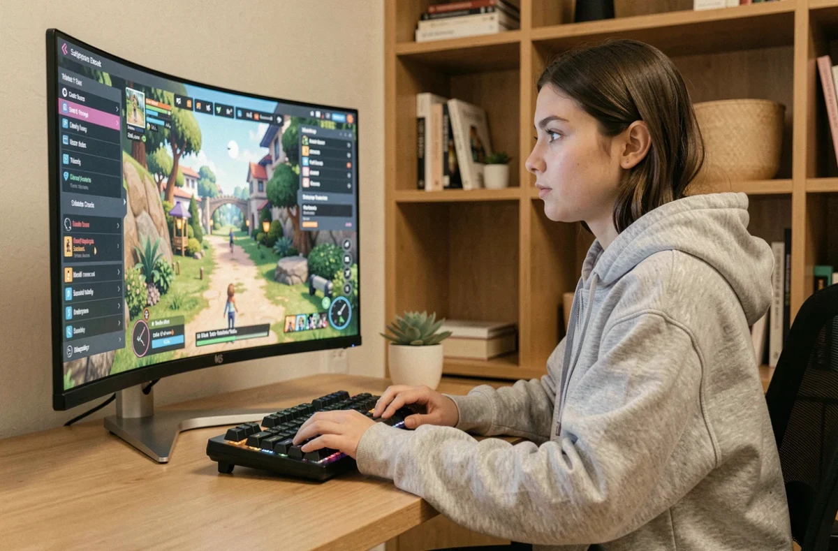 Jeune femme jouant aux Sims 4 sur un grand écran incurvé avec des menus UI visibles, assise dans un bureau moderne à domicile