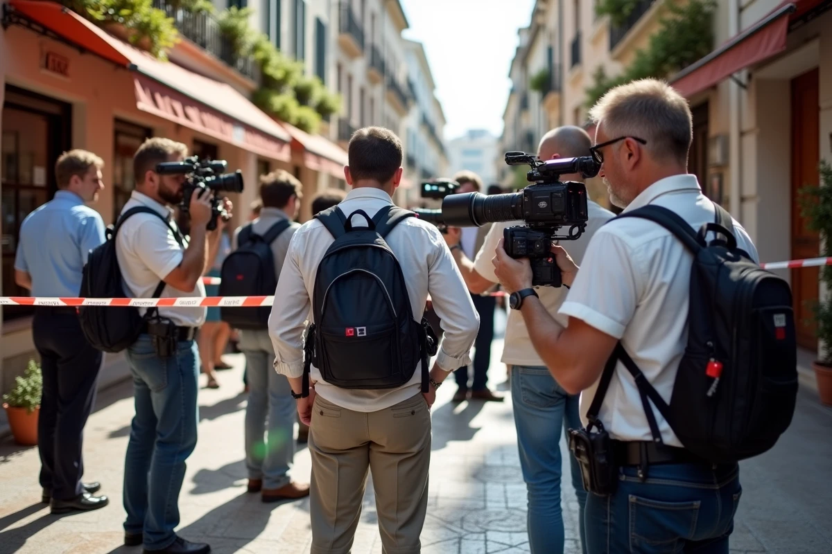 Journalistes et photographes de presse rassemblés derrière un périmètre de sécurité à Cannes