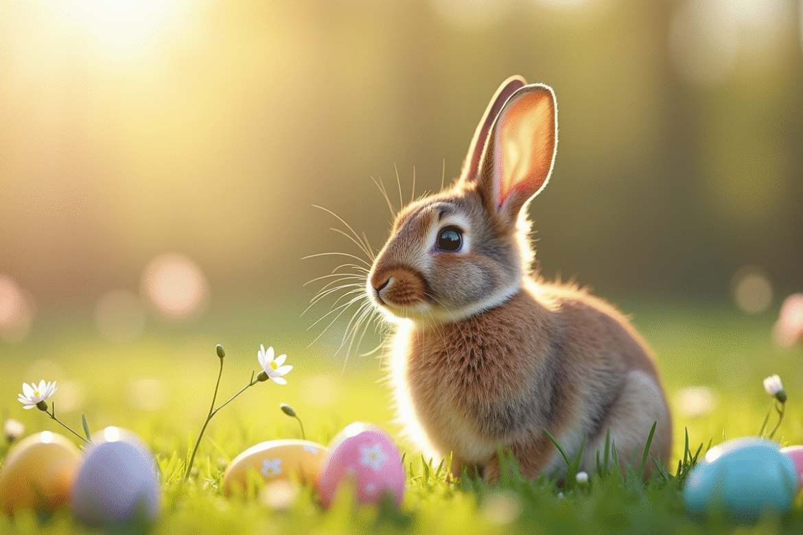Lapin brun dans un pré printanier avec œufs de Pâques