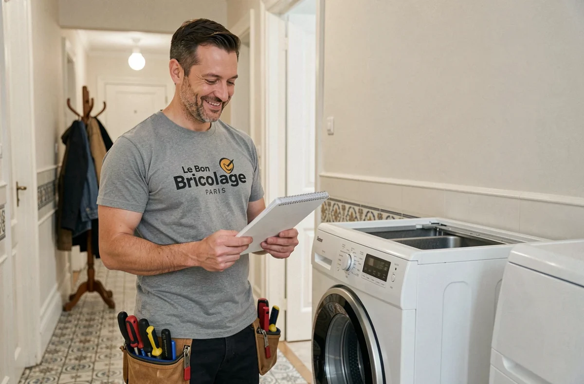 Bricoleur Le Bon Bricolage Paris vérifiant un bon d'intervention après réparation d'électroménager