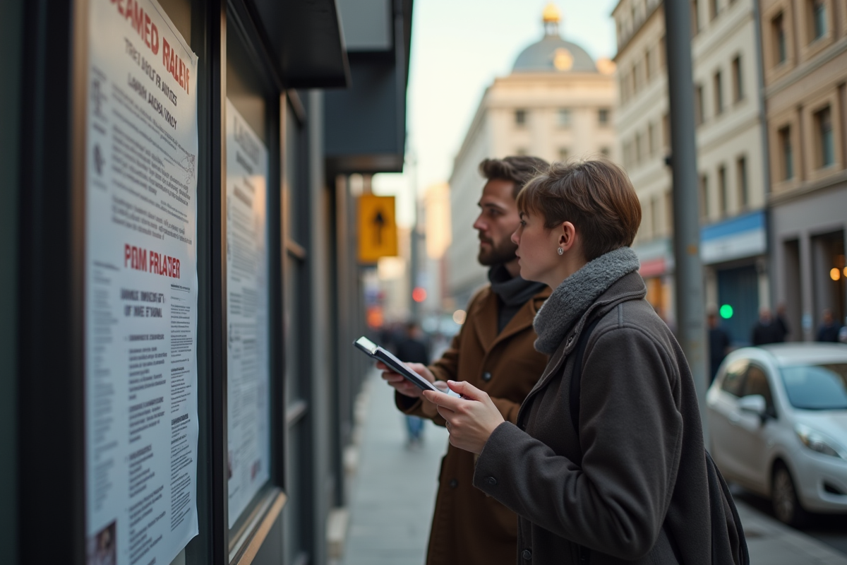 Deux personnes lisant une annonce de mariage sur un tableau