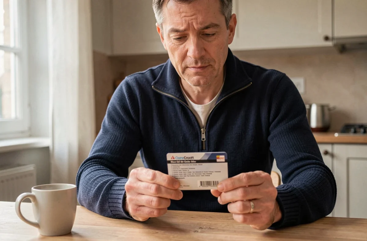 Homme lisant les conditions d'utilisation au dos d'une carte cadeau Kadéos à domicile