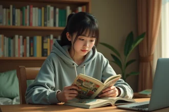 Jeune femme lisant un manga sur son bureau en bois entouré de volumes de bandes dessinées japonaises