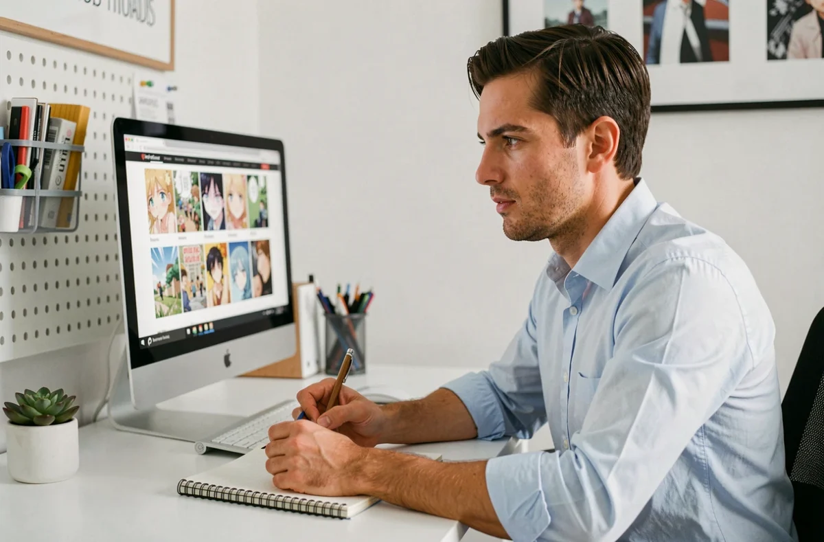 Homme adulte utilisant elipson Scan sur ordinateur pour lire des mangas et webtoons légalement depuis son bureau à domicile