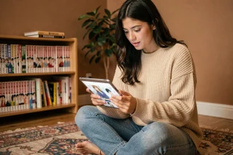 Jeune femme lisant des mangas légalement sur une tablette via une application comme elipson Scan, assise sur un tapis dans sa chambre