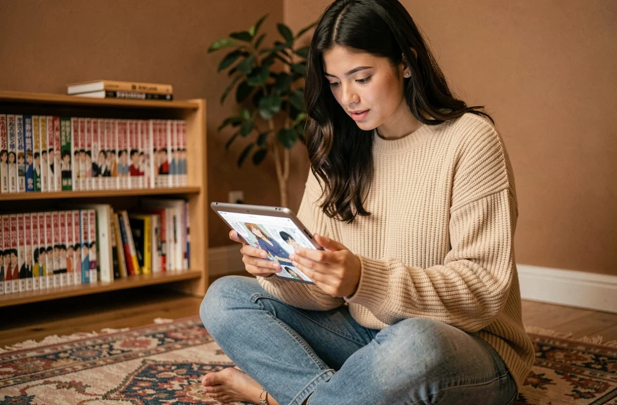 Jeune femme lisant des mangas légalement sur une tablette via une application comme elipson Scan, assise sur un tapis dans sa chambre