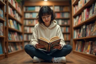Jeune femme lisant un manga dans une librairie spécialisée, entourée de rayonnages garnis de volumes manga en français et en japonais