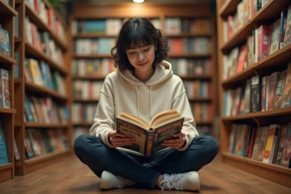 Jeune femme lisant un manga dans une librairie spécialisée, entourée de rayonnages garnis de volumes manga en français et en japonais