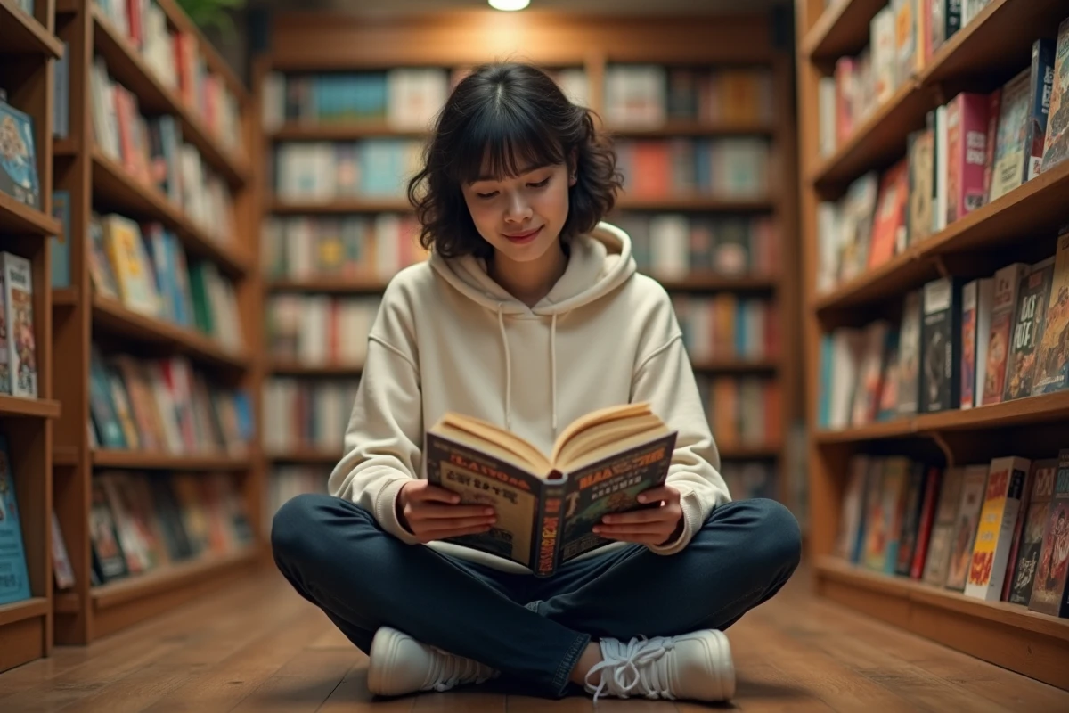 Jeune femme lisant un manga dans une librairie spécialisée, entourée de rayonnages garnis de volumes manga en français et en japonais
