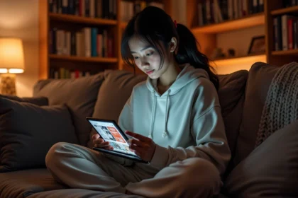 Jeune femme lisant des mangas en ligne sur une tablette dans un salon cosy avec des étagères de mangas en arrière-plan