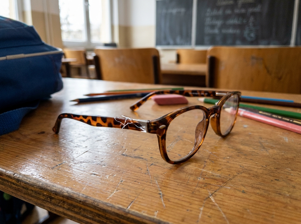 Lunettes d'enfant cassées posées sur un bureau d'école en bois avec monture fissurée près de la charnière
