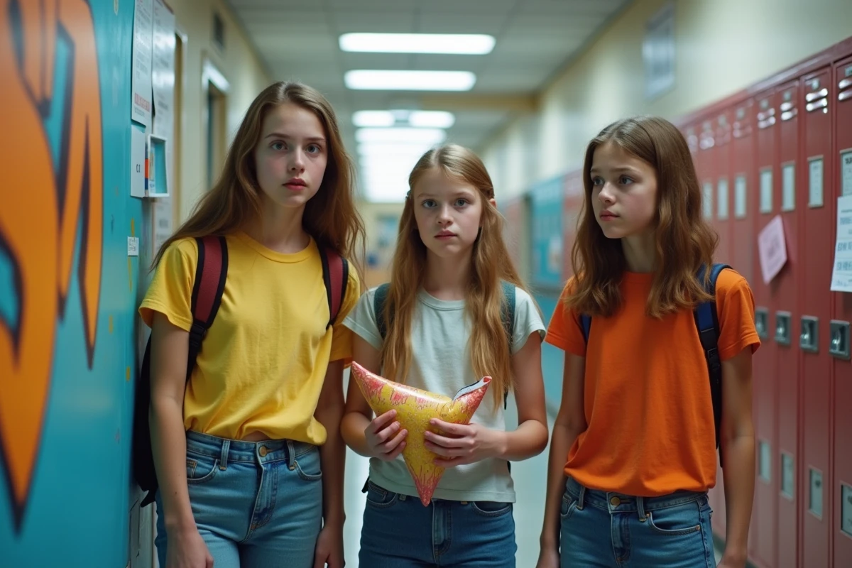Trois lycéens posent devant un mur coloré avec un coussin surprise
