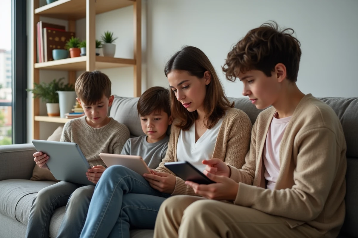 Mère avec enfants utilisant tablettes et calendrier de coparentalite