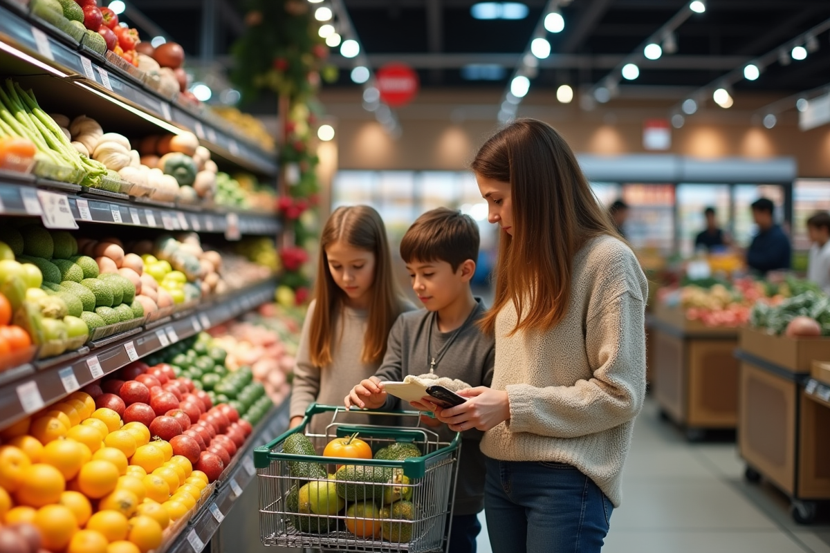 Maman examine les prix des fruits avec ses enfants au supermarche