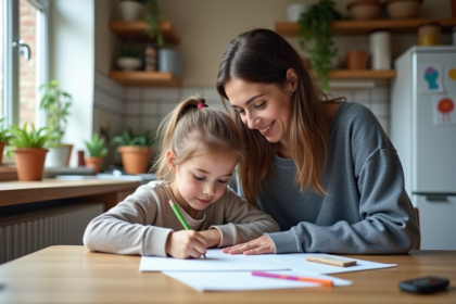 Femme et fille dessinant à la maison dans la cuisine