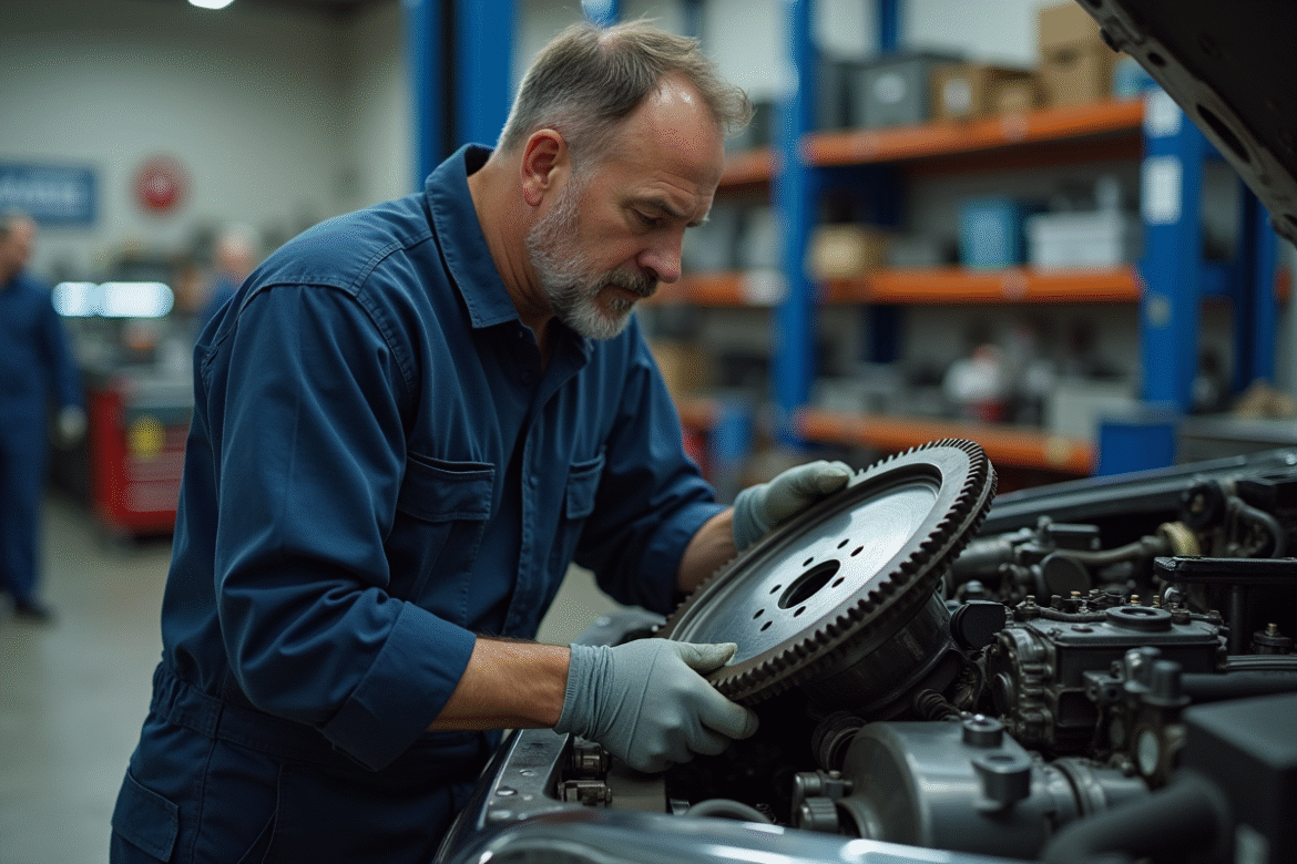 Mécanicien en overalls installant un volant moteur sur un moteur