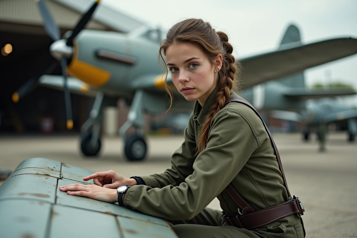 Jeune mécanicienne en tenue de travail sur un avion vintage