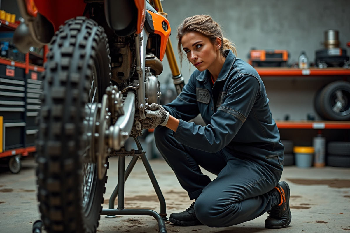 Femme mécanicienne inspectant la roue d