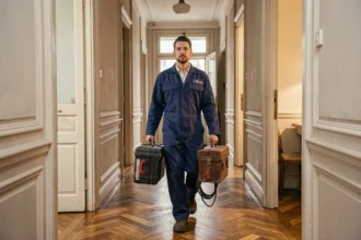 Électricien professionnel en uniforme bleu traversant le couloir d'un immeuble parisien avec sa boîte à outils