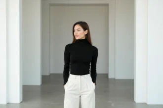 Femme en tenue noir et blanc minimaliste dans une galerie contemporaine, illustrant l'élégance du contraste monochromatique dans la mode actuelle