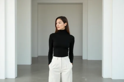 Femme en tenue noir et blanc minimaliste dans une galerie contemporaine, illustrant l'élégance du contraste monochromatique dans la mode actuelle