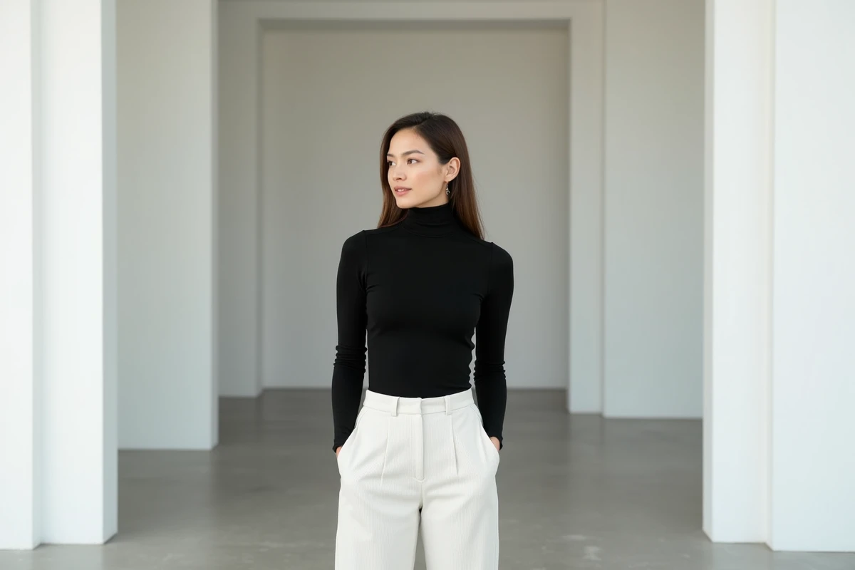 Femme en tenue noir et blanc minimaliste dans une galerie contemporaine, illustrant l'élégance du contraste monochromatique dans la mode actuelle