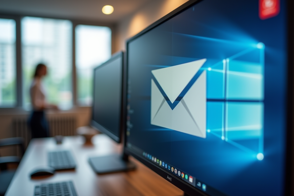 Zoom sur un écran de messagerie professionnelle dans un bureau moderne