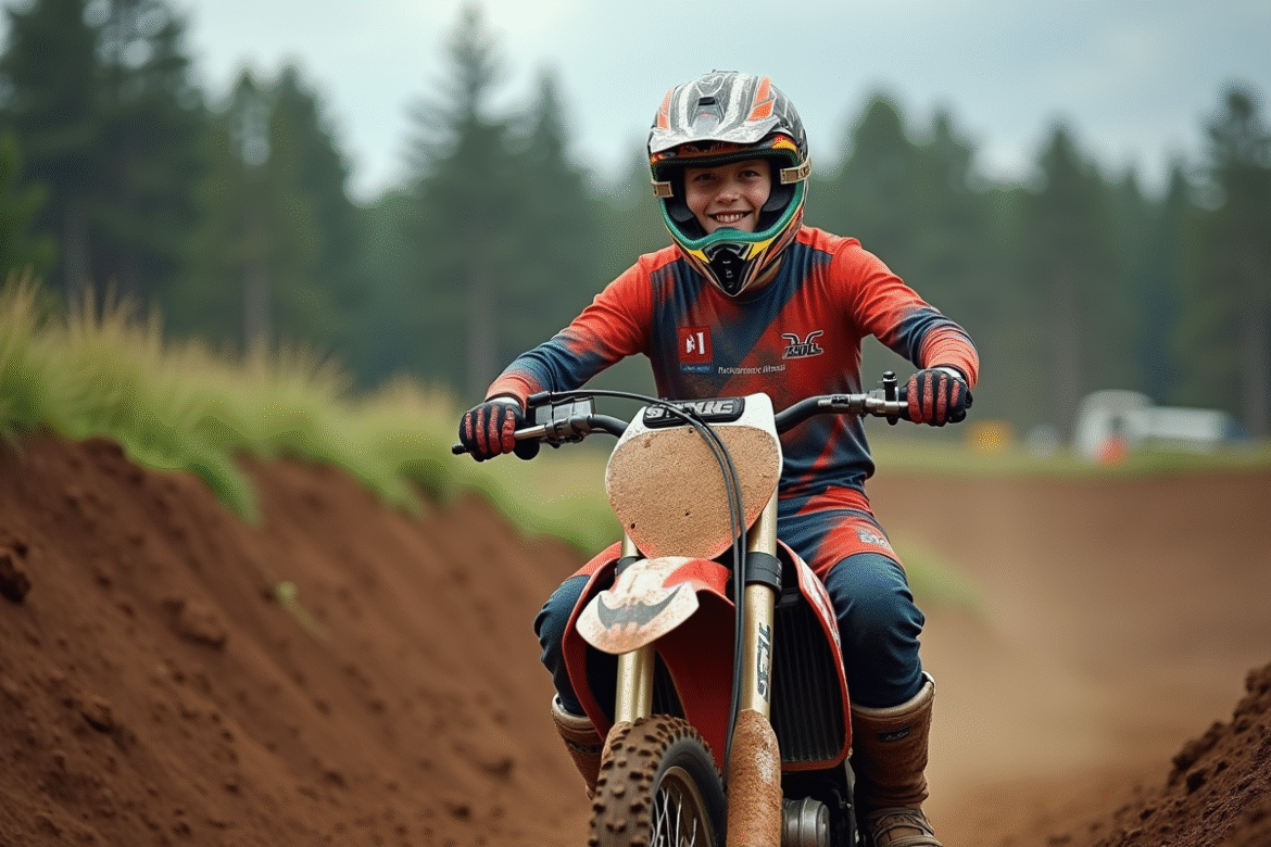 Jeune pilote motocross assis sur sa moto 125cc en pleine nature