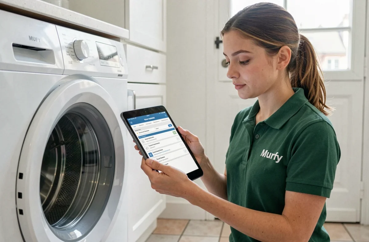 Technicienne Murfy inspectant un lave-linge dans un appartement parisien