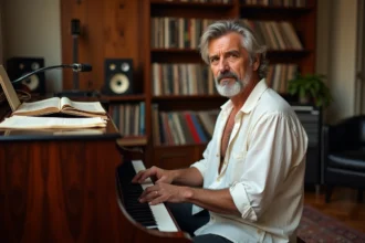 Musicien engagé au piano dans un studio maison intimiste, évoquant le parcours artistique de Michel Berger