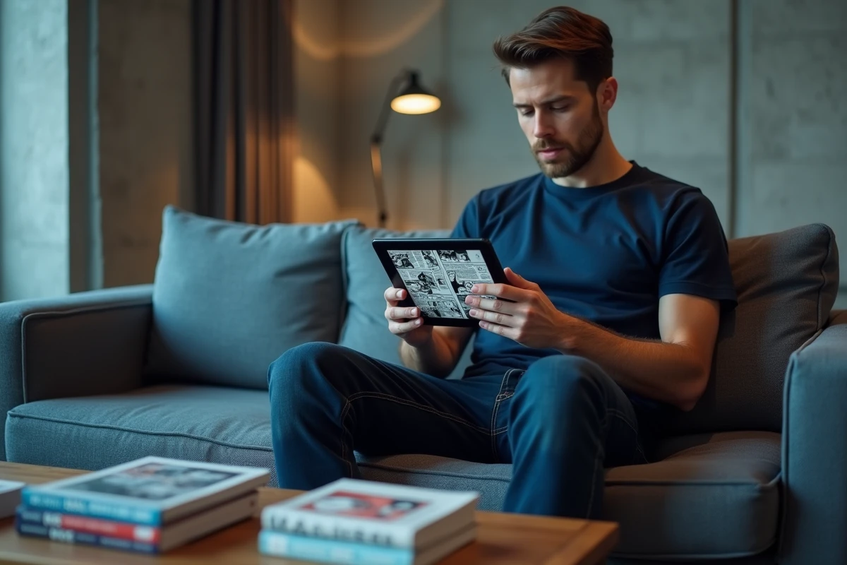 Homme parcourant une plateforme de lecture de manga sur tablette dans un appartement contemporain