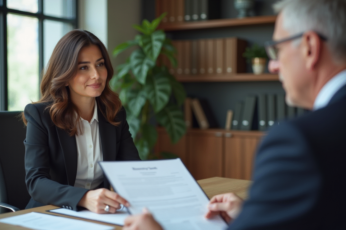 Femme élégante examinant des documents immobiliers avec un notaire